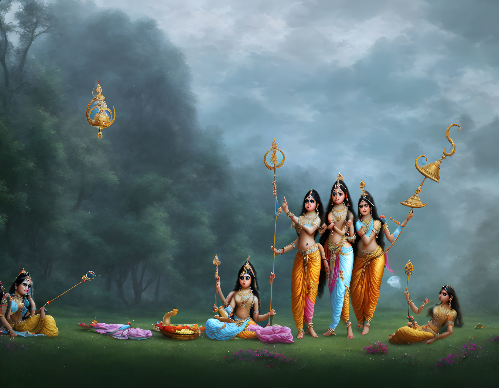 Hindu deities in mystical forest: Lord Krishna and Goddess Radha.