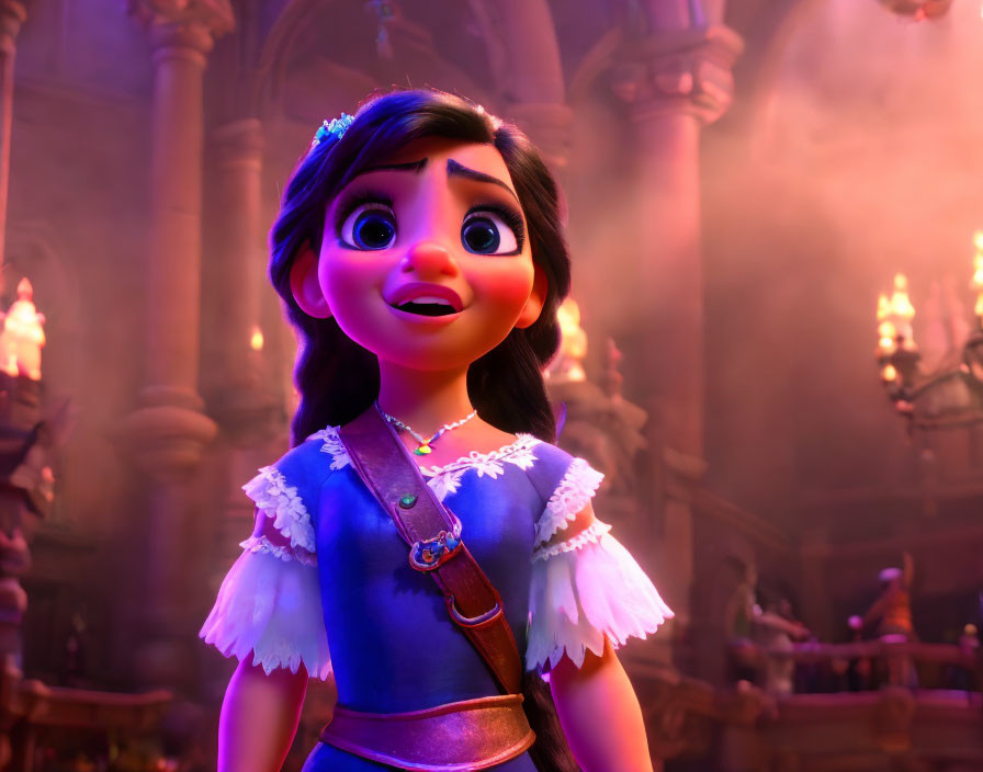 Animated girl in tiara and blue dress in ornate room with purple lighting