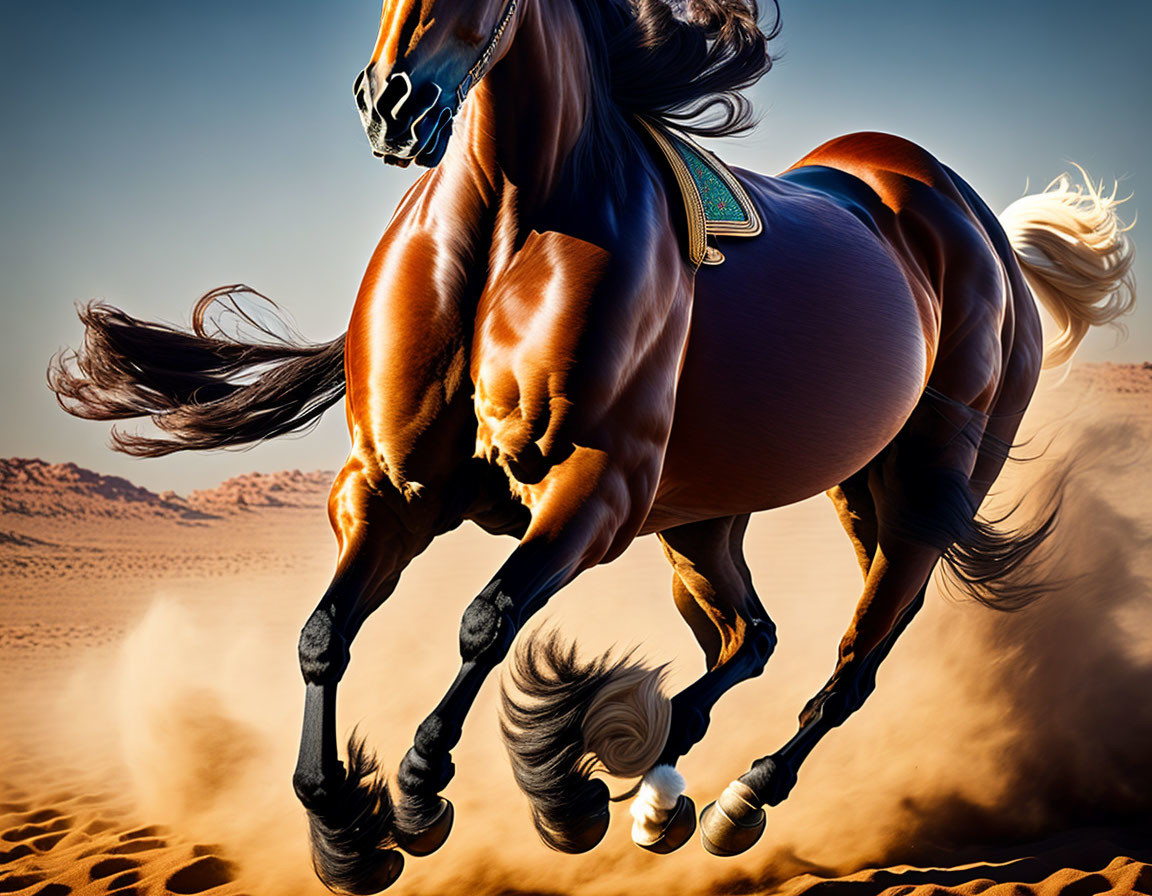 Majestic horse galloping in desert under clear sky