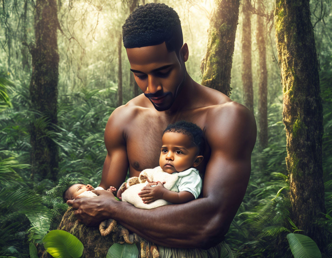 Shirtless man holding infant in lush forest with sunlight filtering through trees