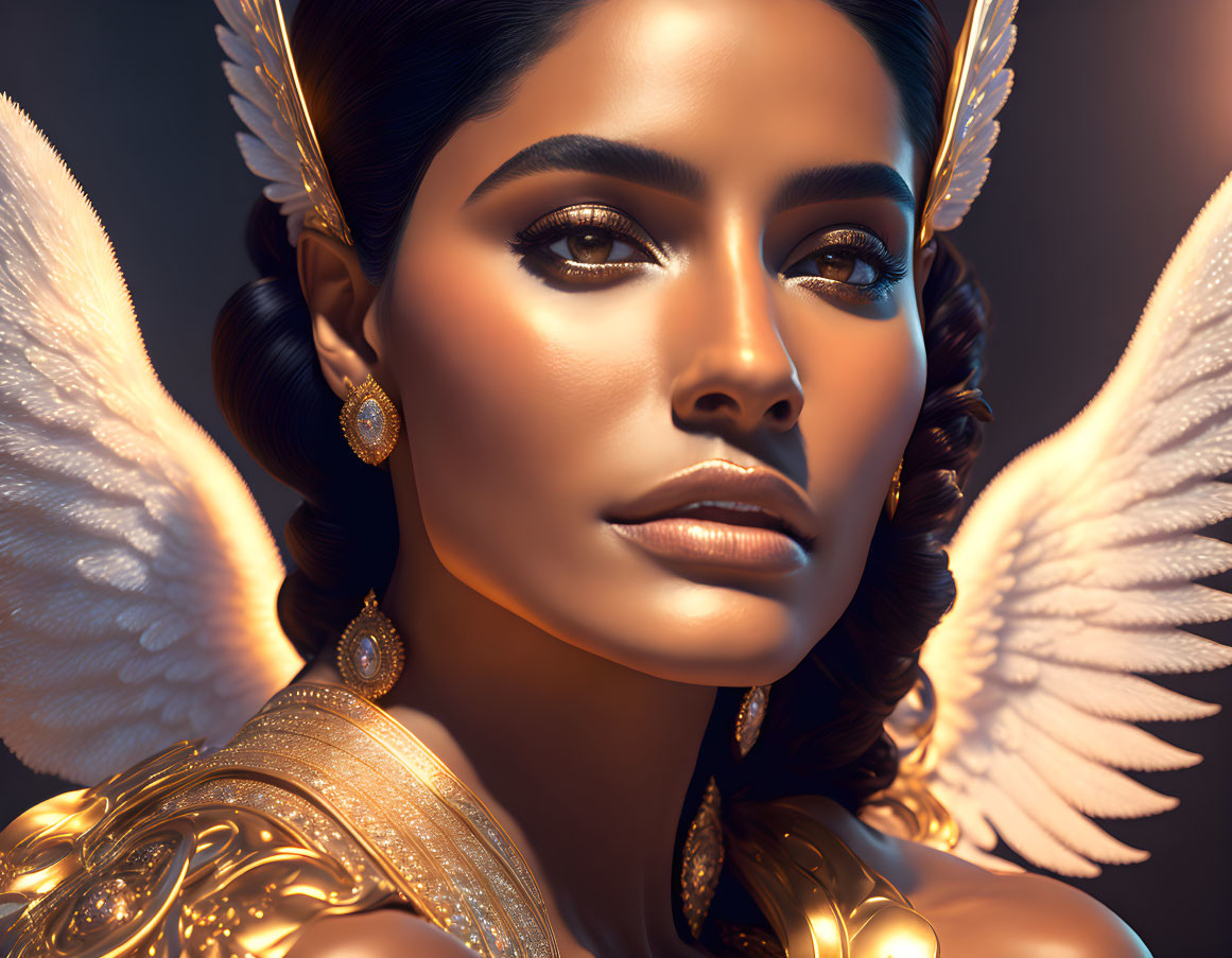 Golden-winged woman adorned with jewelry in elegant pose