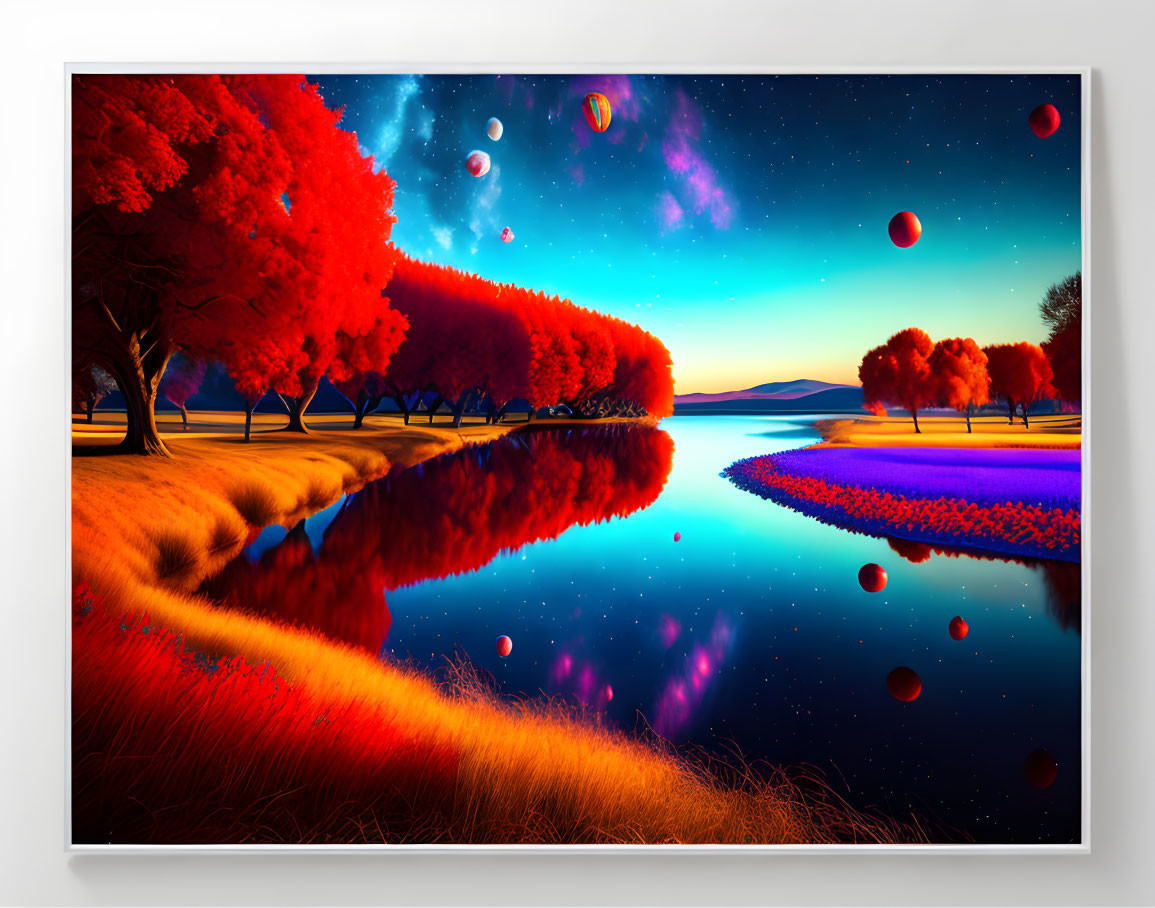 Surreal landscape with red trees, blue river, planets, and floating orbs