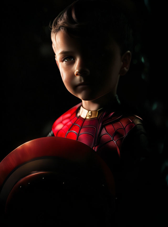 Child in Spider-Man costume holding mask in dimly lit setting