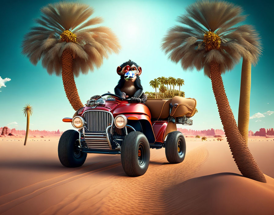 Stylized monkey in goggles driving classic car through desert oasis