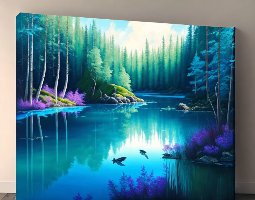 Tranquil forest and lake scene with green trees and purple flora on canvas.