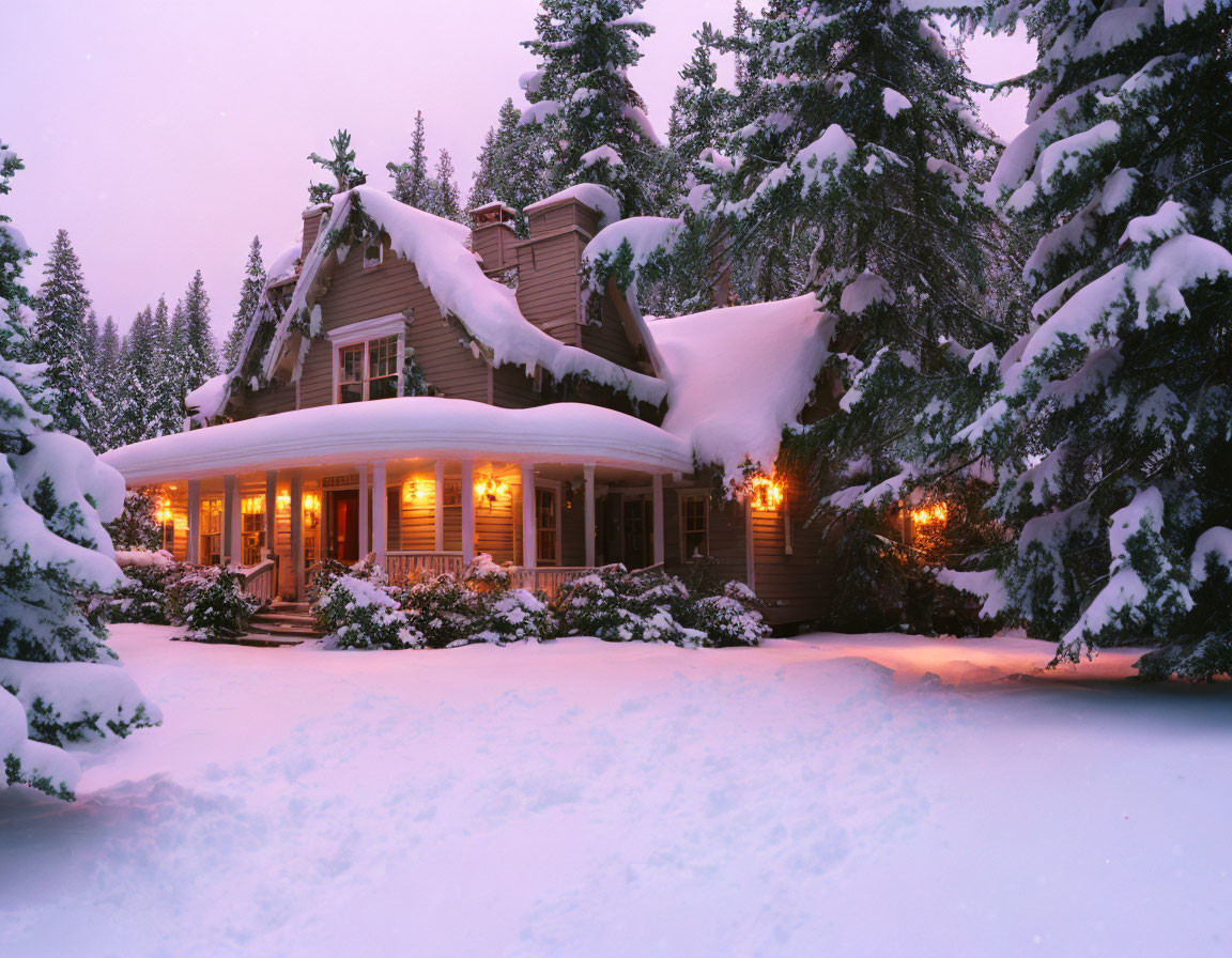 Snow-covered pine trees surround cozy wooden house at twilight