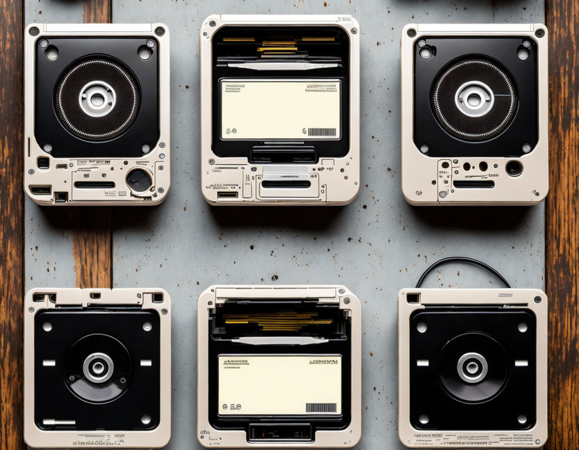 Grid of Six Square CD Players on Wooden Background