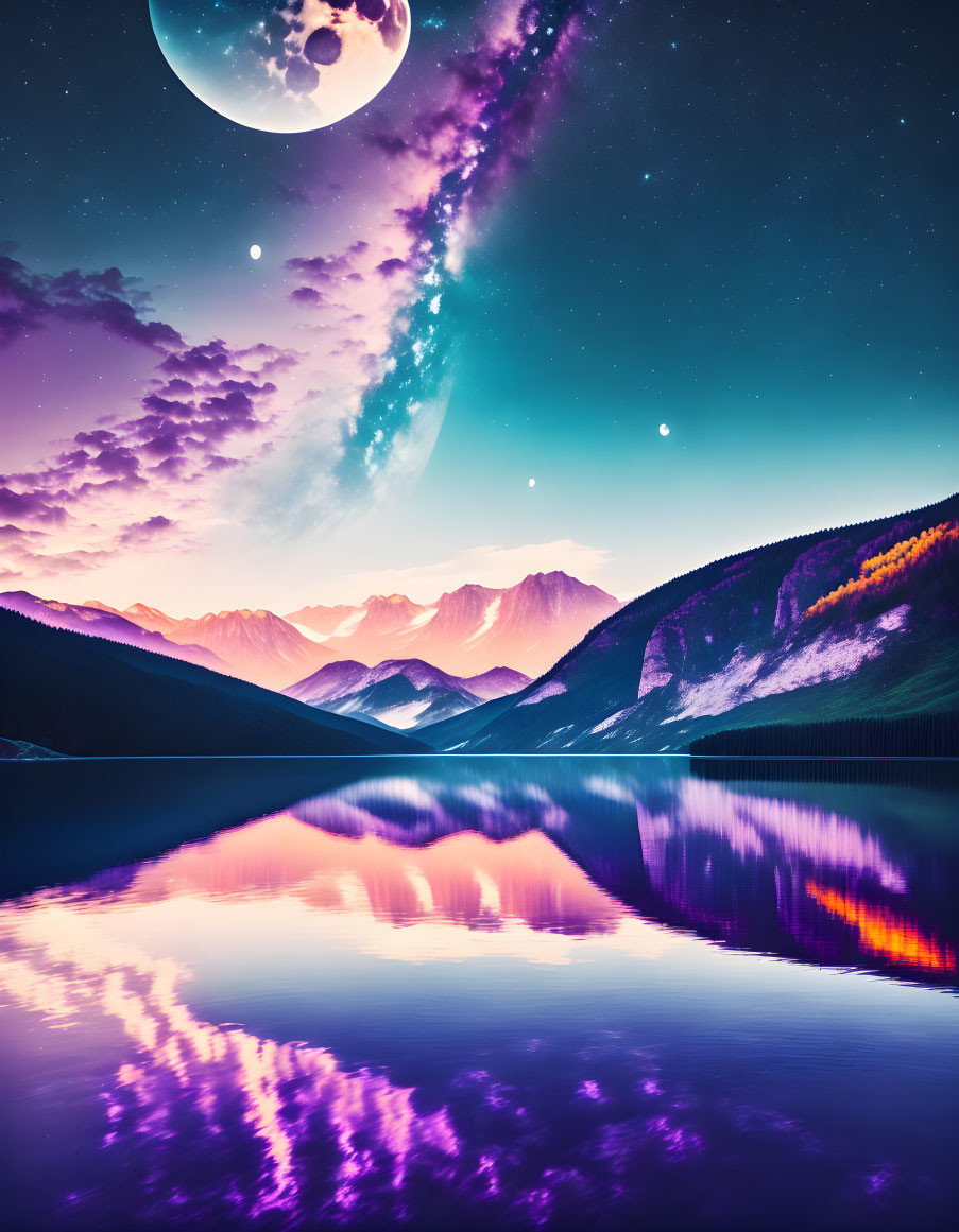 Surreal landscape with purple skies, moons, stars, mountains, and lake at dusk