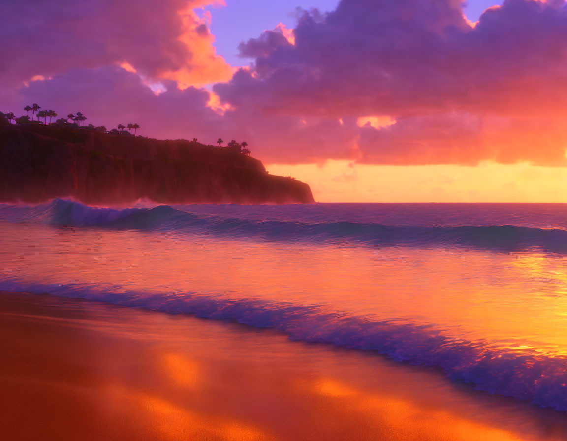 Vivid sunset over ocean with radiant clouds and sandy beach silhouette