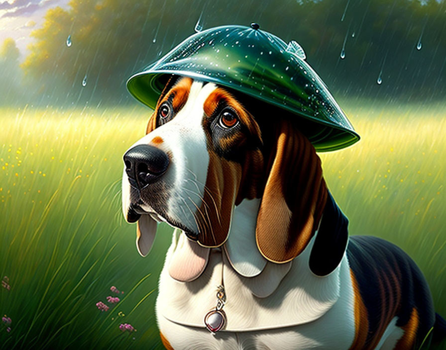 Digital illustration: Basset Hound in green hat with raindrops on grassy background