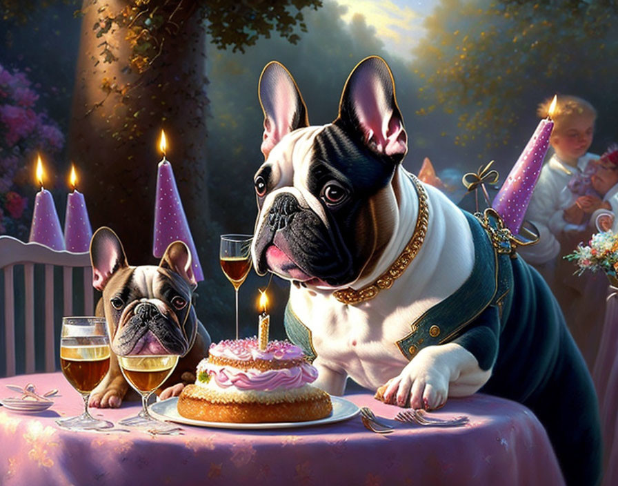 Anthropomorphic bulldog in suit celebrates with cake and candles beside smaller bulldog in dreamy setting