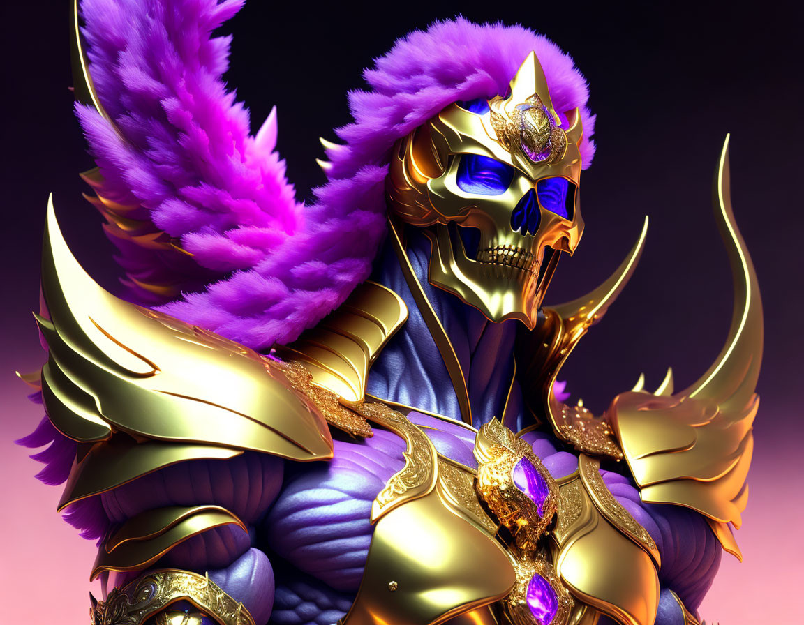 Armored skeletal figure with golden details and purple plumes