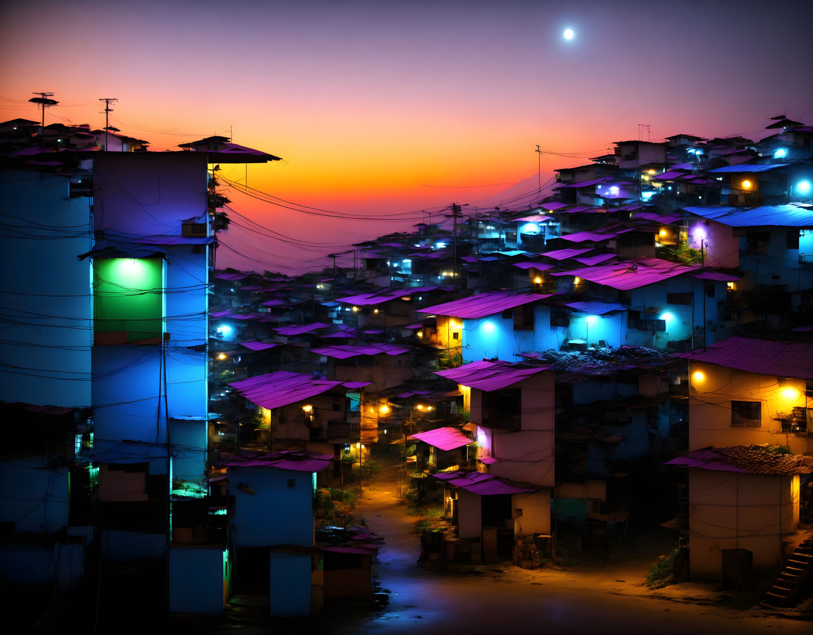 Colorful illuminated hillside favela at twilight with moon and vibrant sky