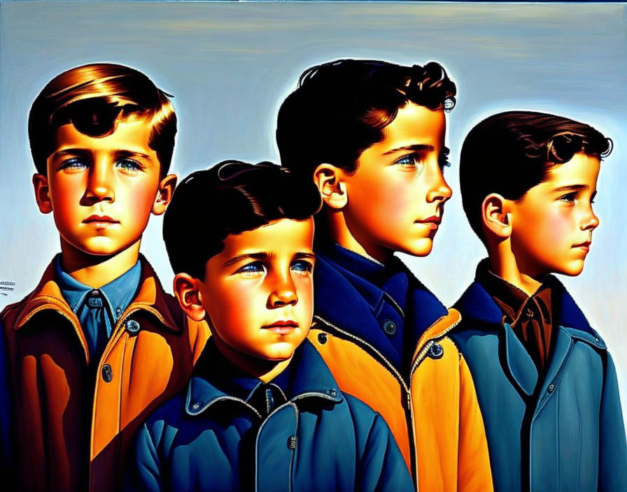 Four animated boys in profile view wearing colorful jackets under bright light