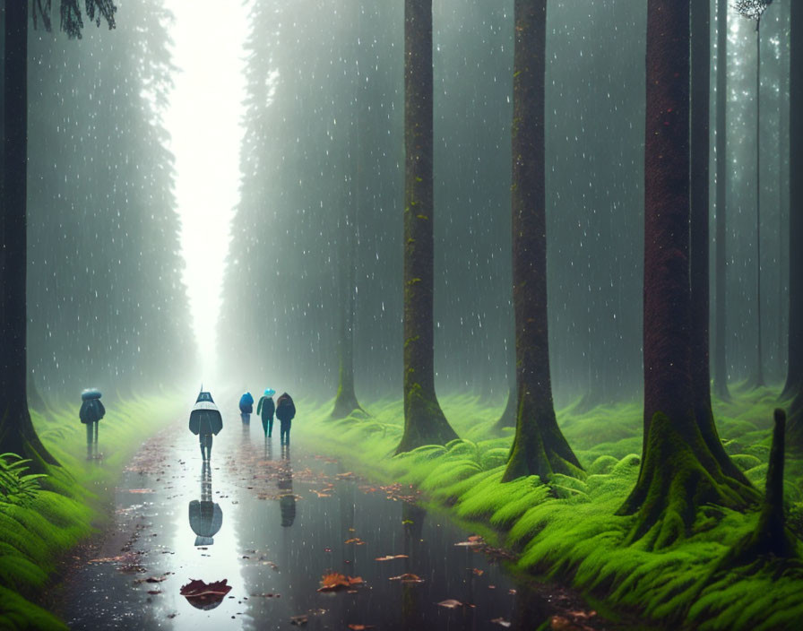 Group of people with umbrellas in misty forest with towering trees