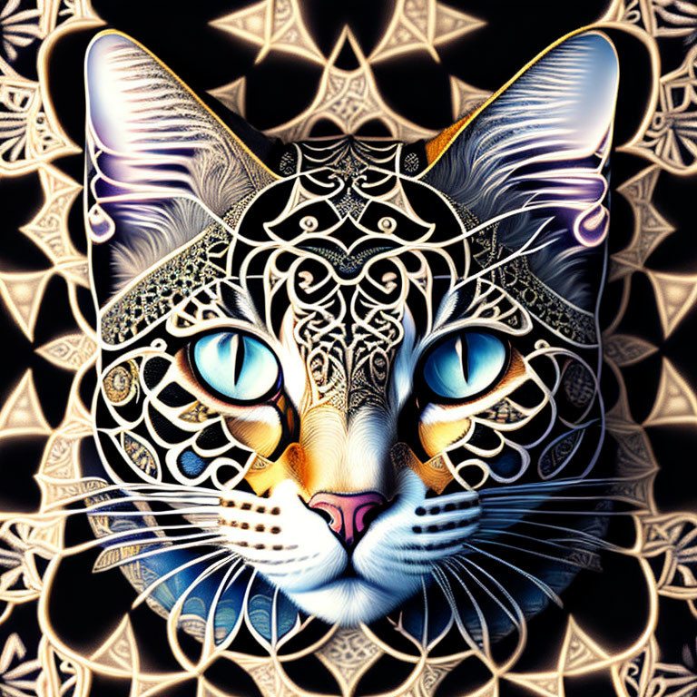 Detailed Symmetrical Cat Face Artwork with Mandala Patterns on Black Background