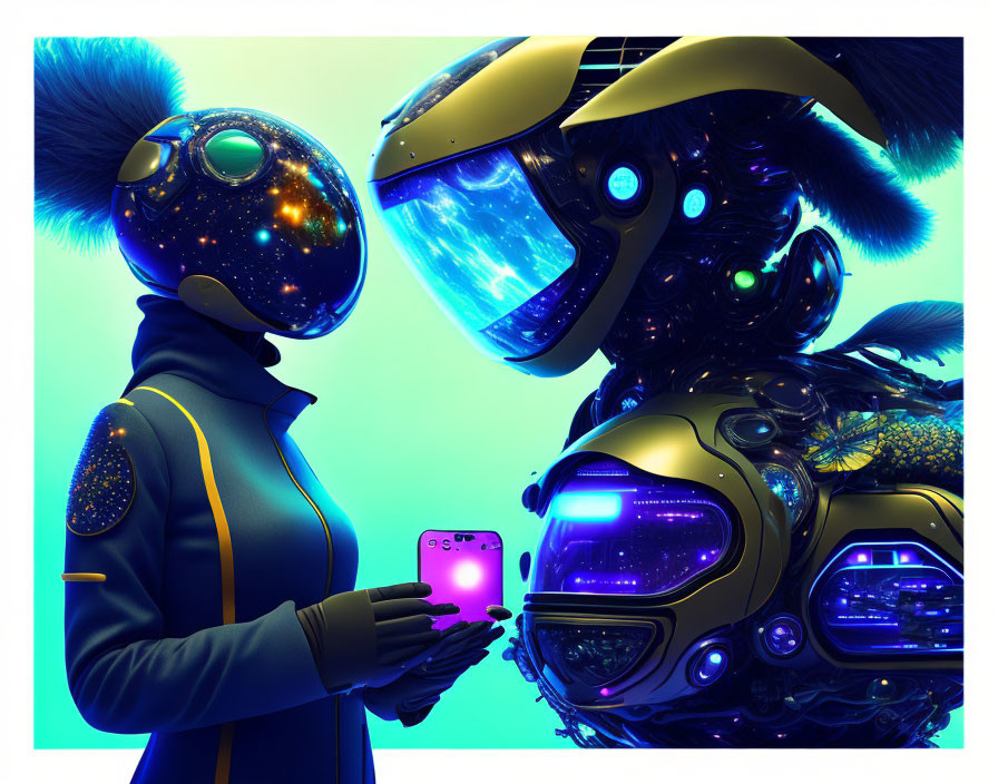 Futuristic characters with cosmic helmets and smartphone against blue background