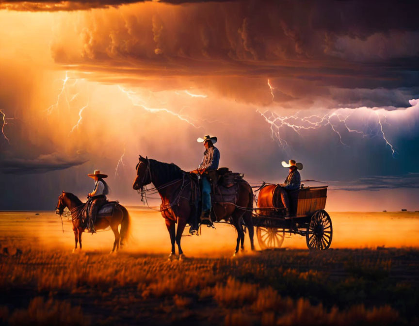 Cowboys on horses and wagon under dramatic sky with lightning bolts