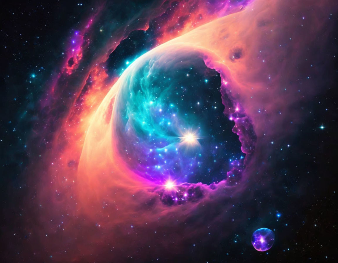 Swirling blue and purple celestial body in vibrant space scene