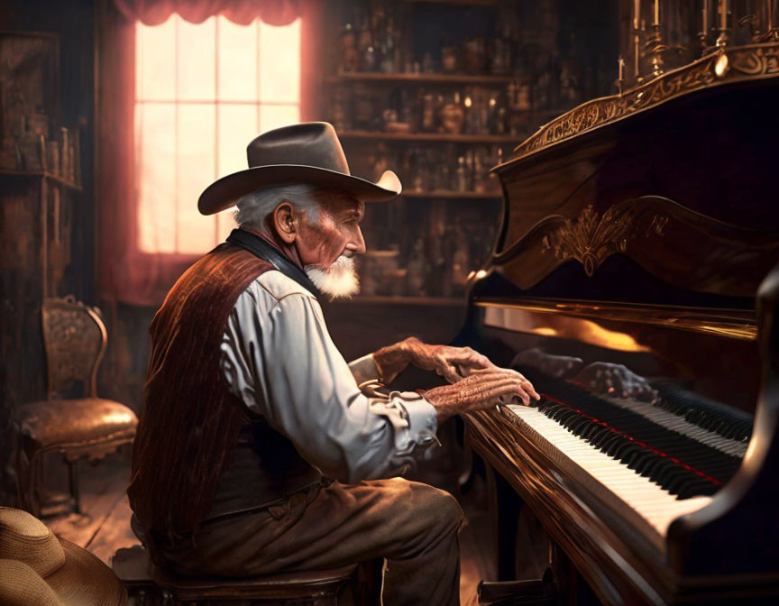 Elderly man with beard plays grand piano in warm-lit room