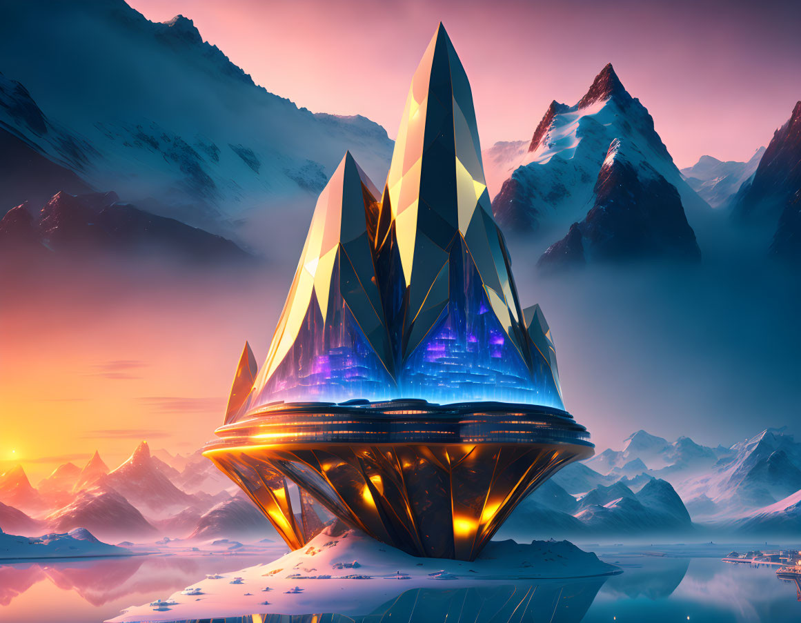 Futuristic crystal structure in snowy mountain landscape at sunset