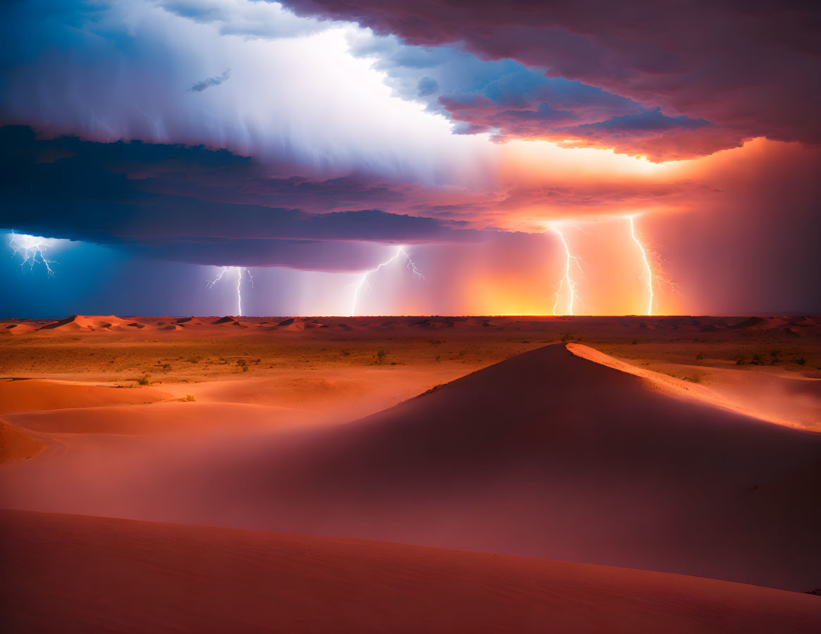 Vibrant orange desert dunes under stormy sky with lightning bolts