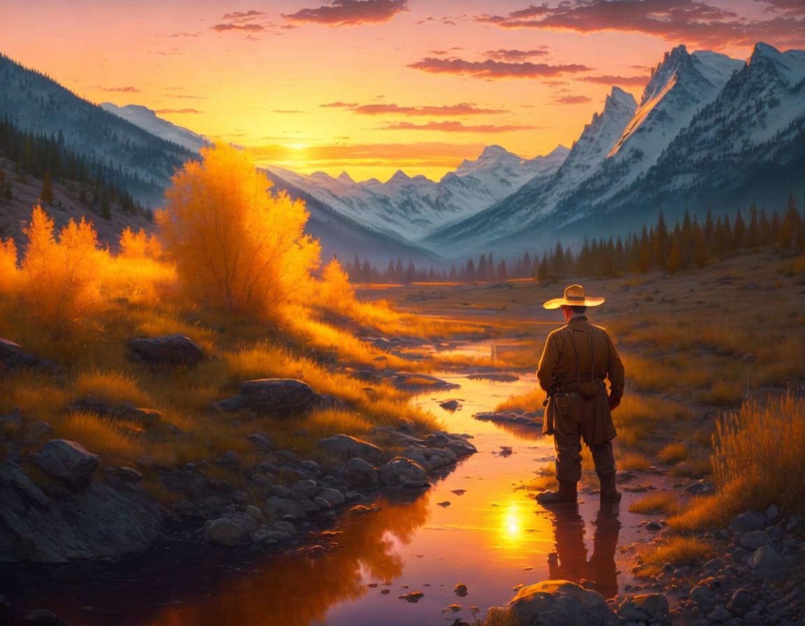 Cowboy hat person near stream at sunset with mountains and autumn trees.