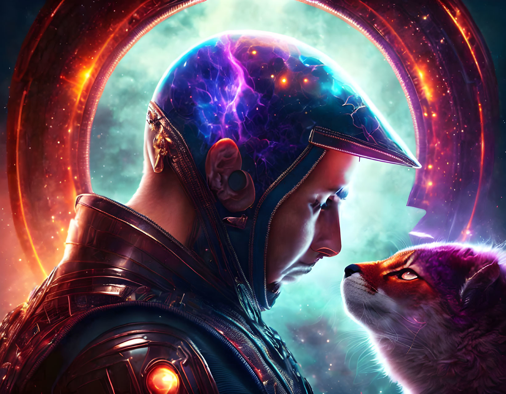 Cosmic armored figure facing cosmic-themed wolf in vibrant space setting