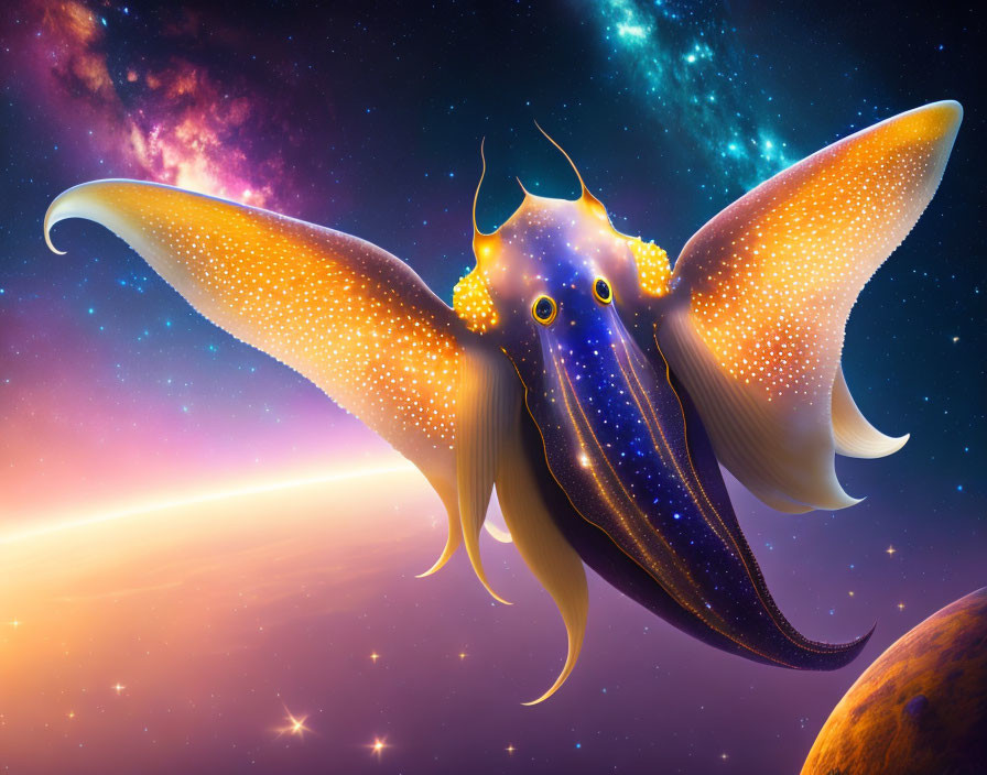 Vibrant cosmic squid with glowing skin in space scene