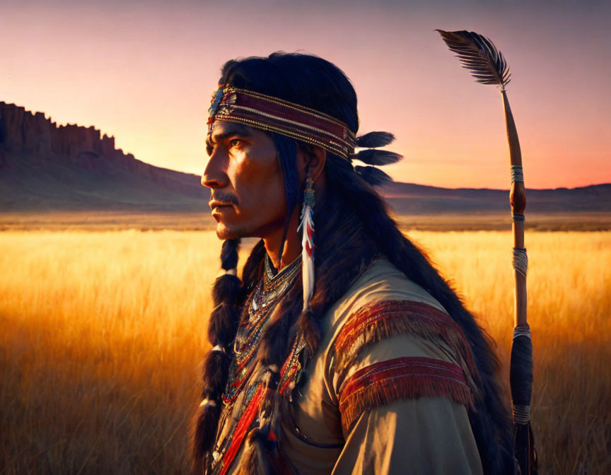 Indigenous man in traditional attire at sunset in golden field