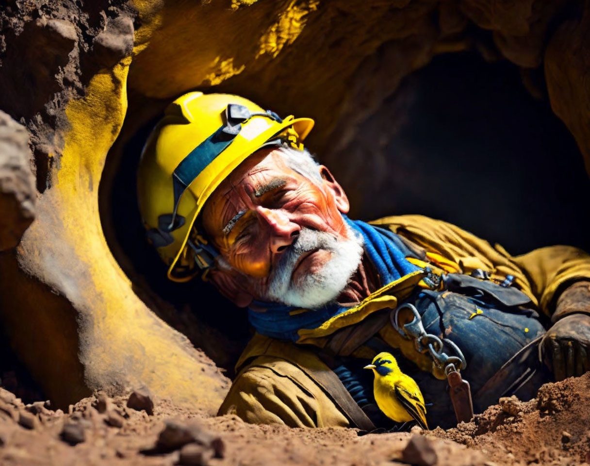 Elderly bearded miner in tunnel with yellow bird