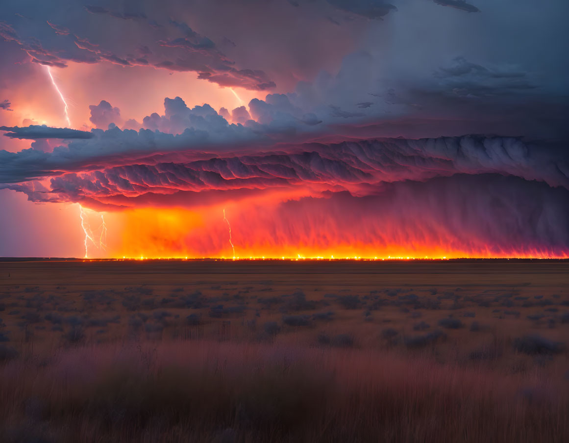 Twilight scene: Shelf cloud with lightning strikes over plain