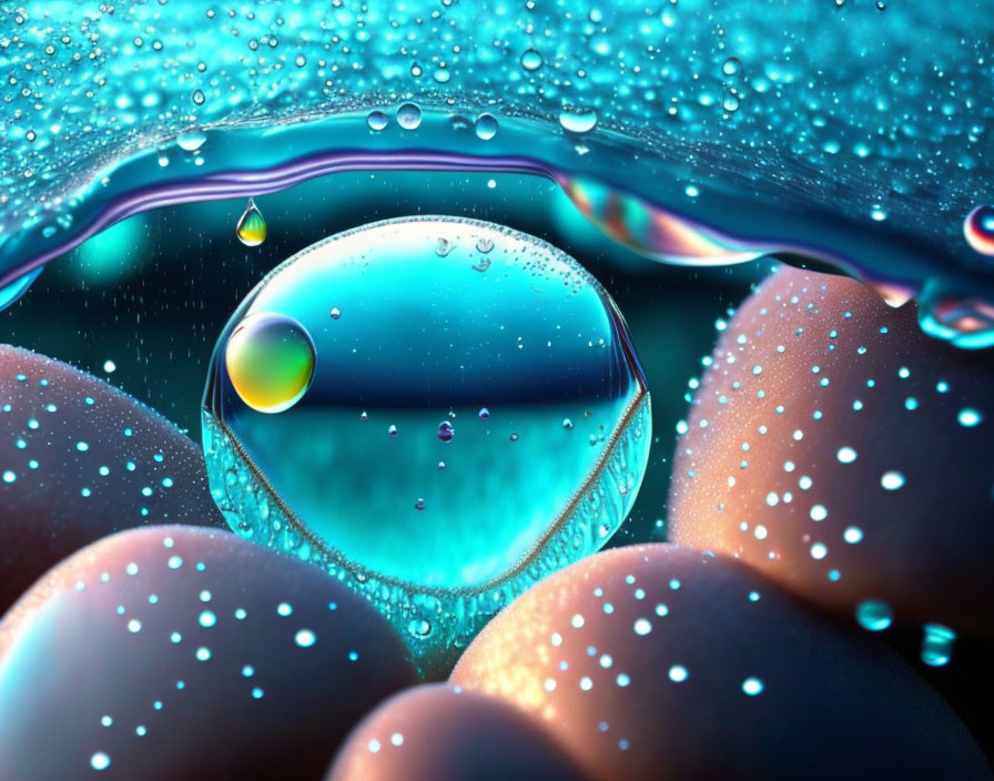 Macro shot of vibrant water droplets on reflective surface