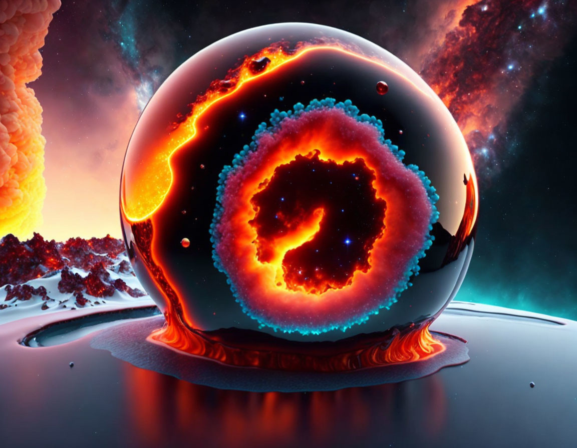 Surreal landscape with reflective sphere and fiery eye center in cosmic setting