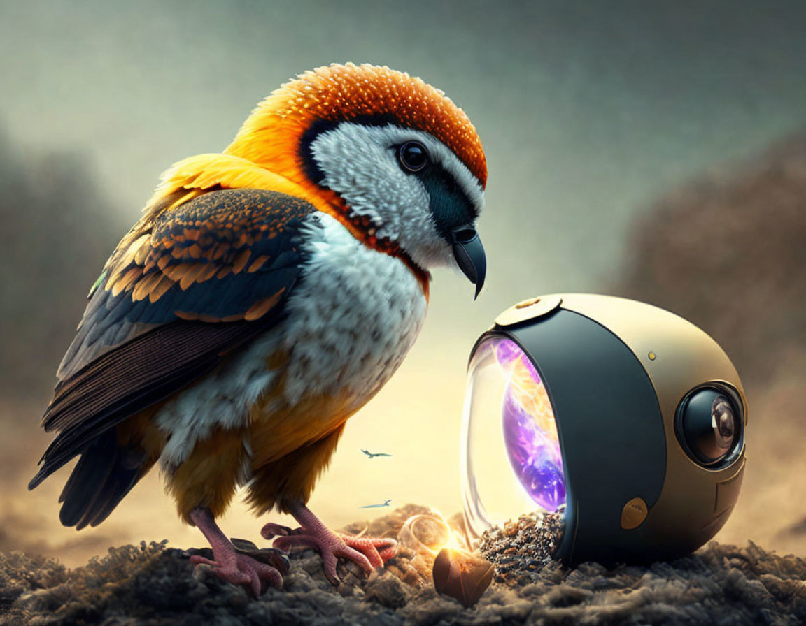 Colorful bird with owl-like head beside futuristic sphere device