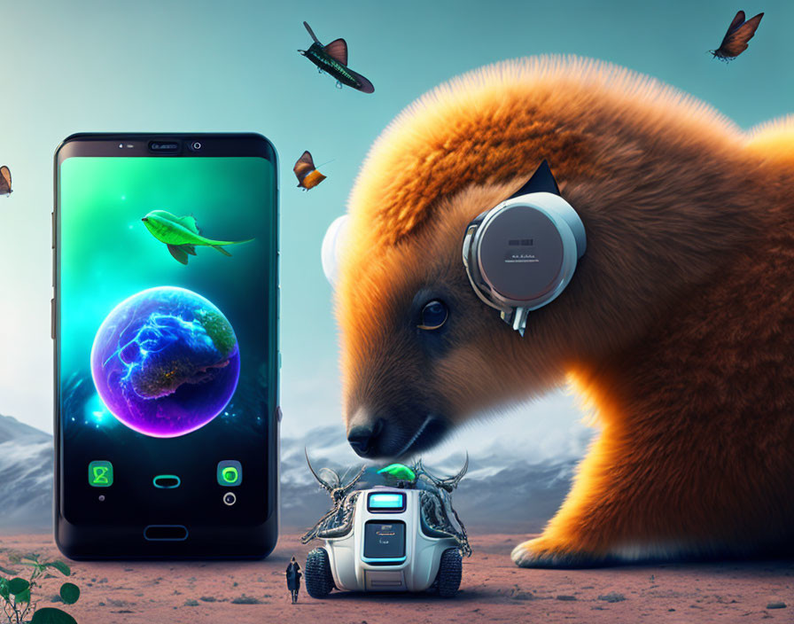 Giant fluffy bear with headphones and small robot in surreal desert landscape with fish in space and flying beet