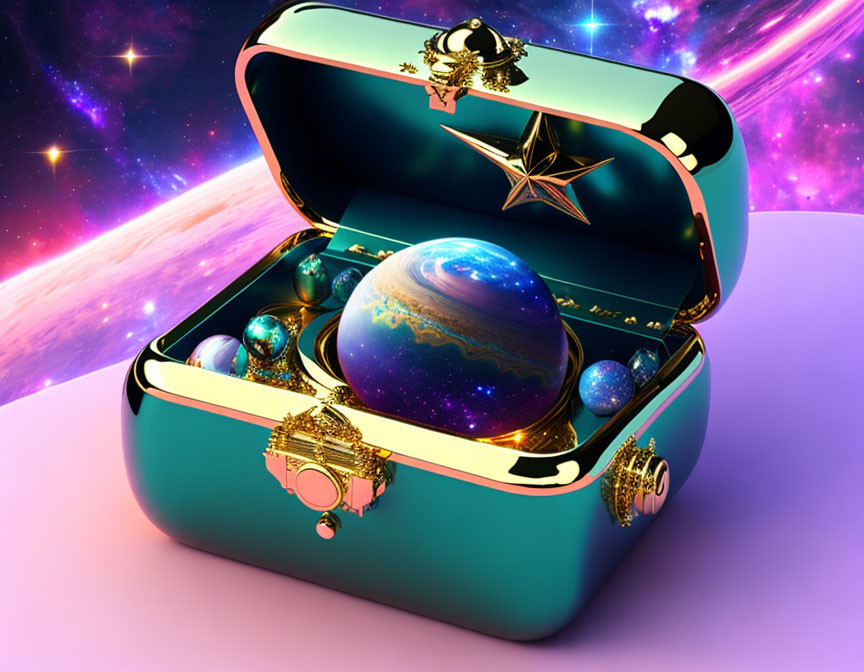 Vibrant surreal image: treasure chest with celestial bodies and planet orb in galactic scene