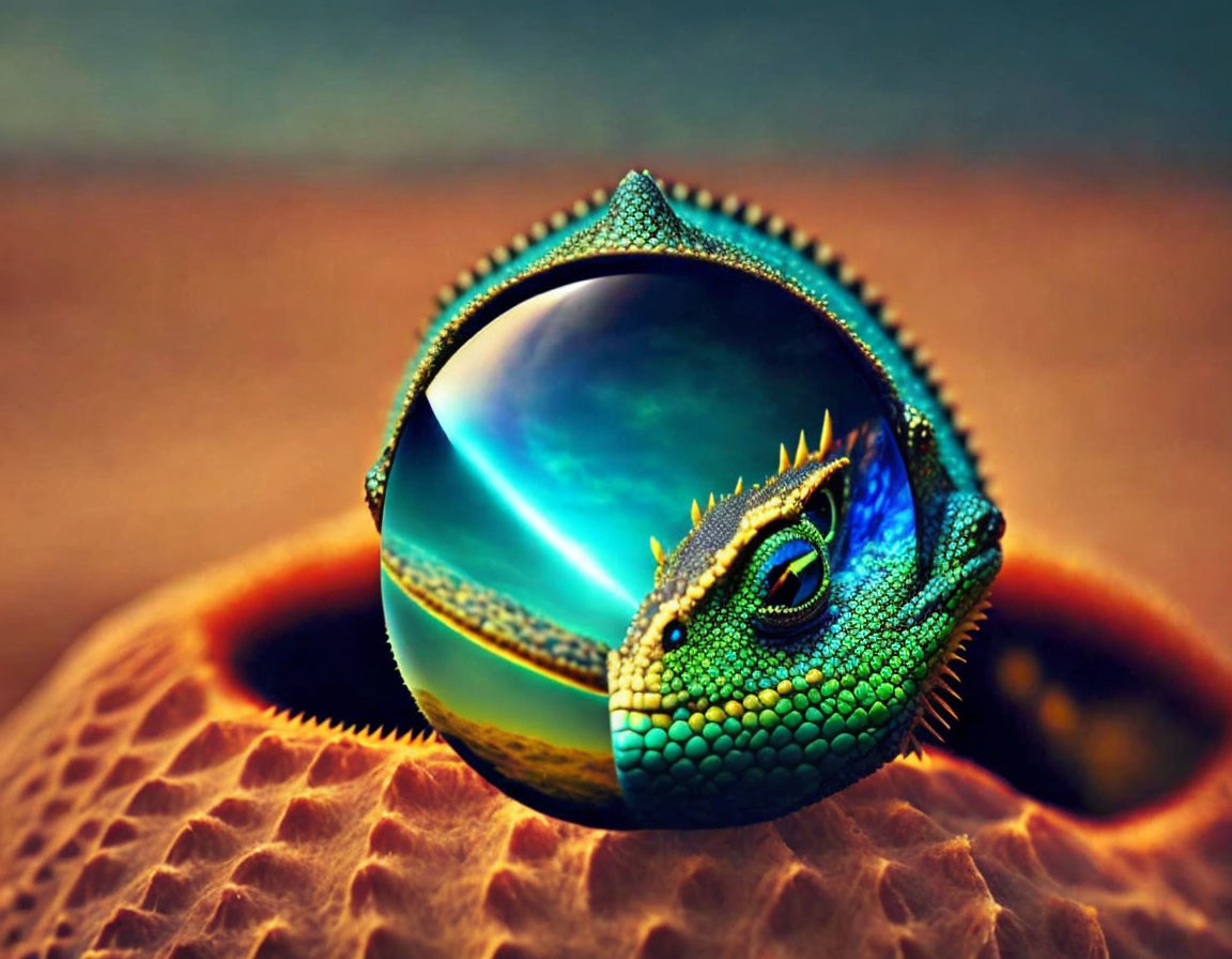 Digitally manipulated image of lizard eye as shiny orb on earth-toned background