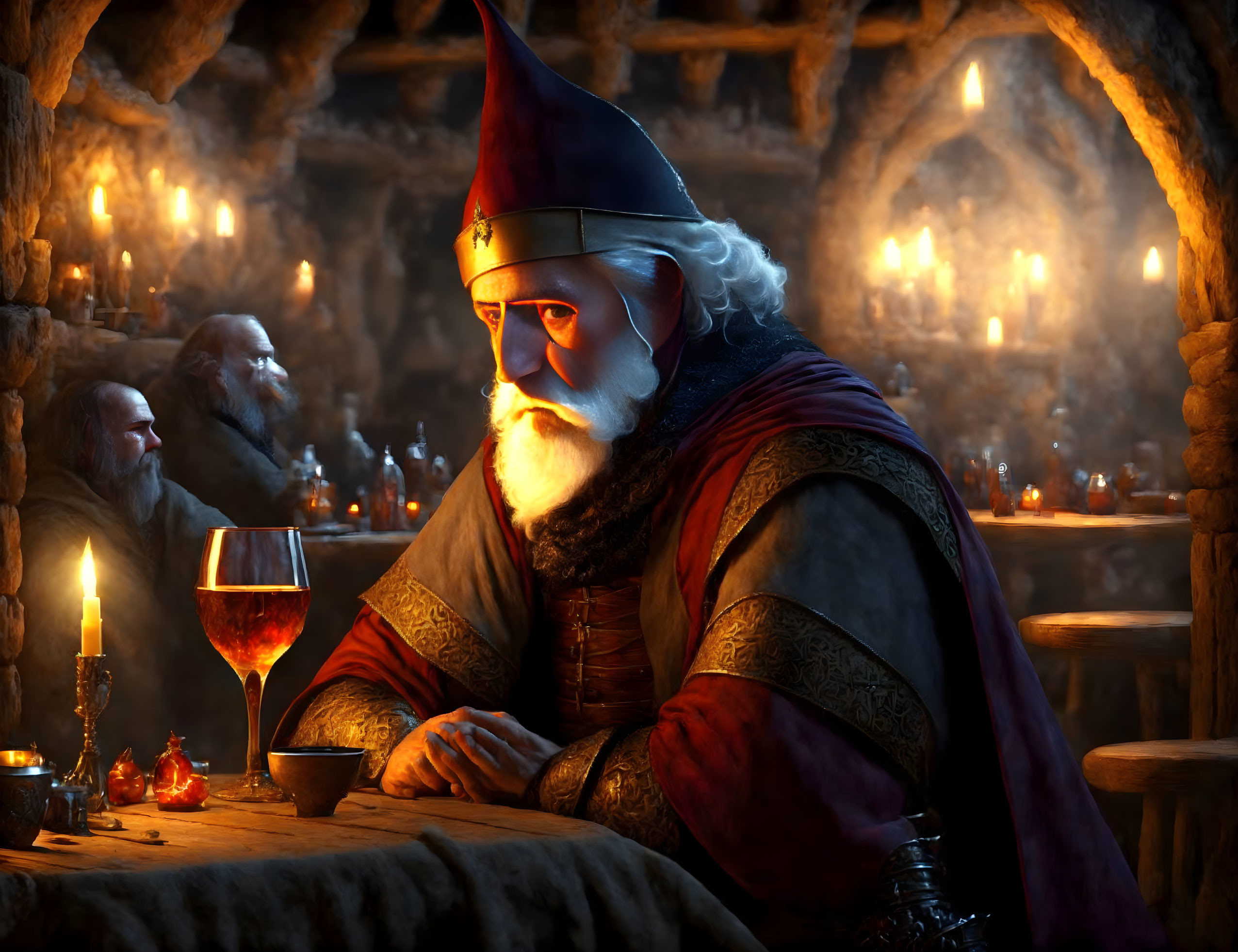 Regal bearded character in medieval attire at stone table with goblet and candles.