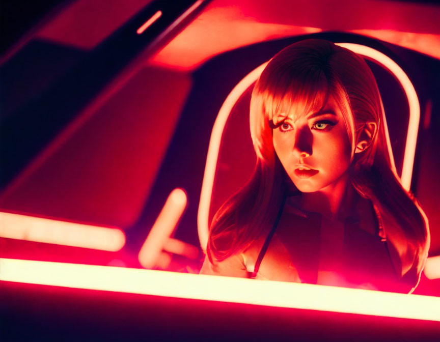 Portrait of a woman under intense red neon lighting