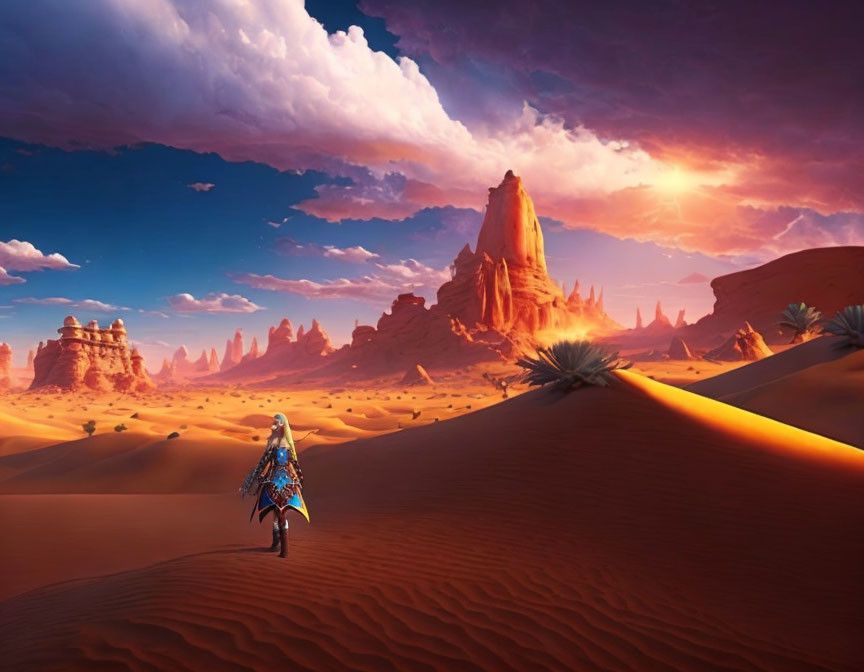 Person in Blue Cloak Walking Through Desert with Orange Dunes at Sunset