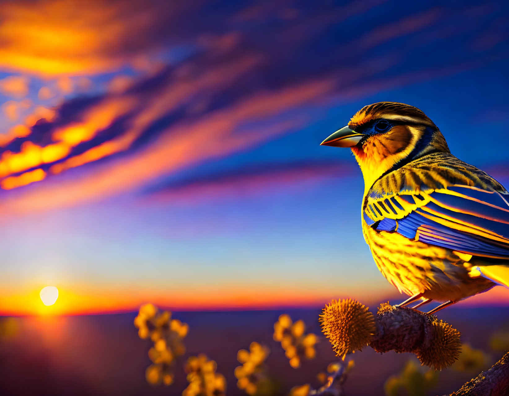 Colorful bird perched on branch against vibrant sunset sky