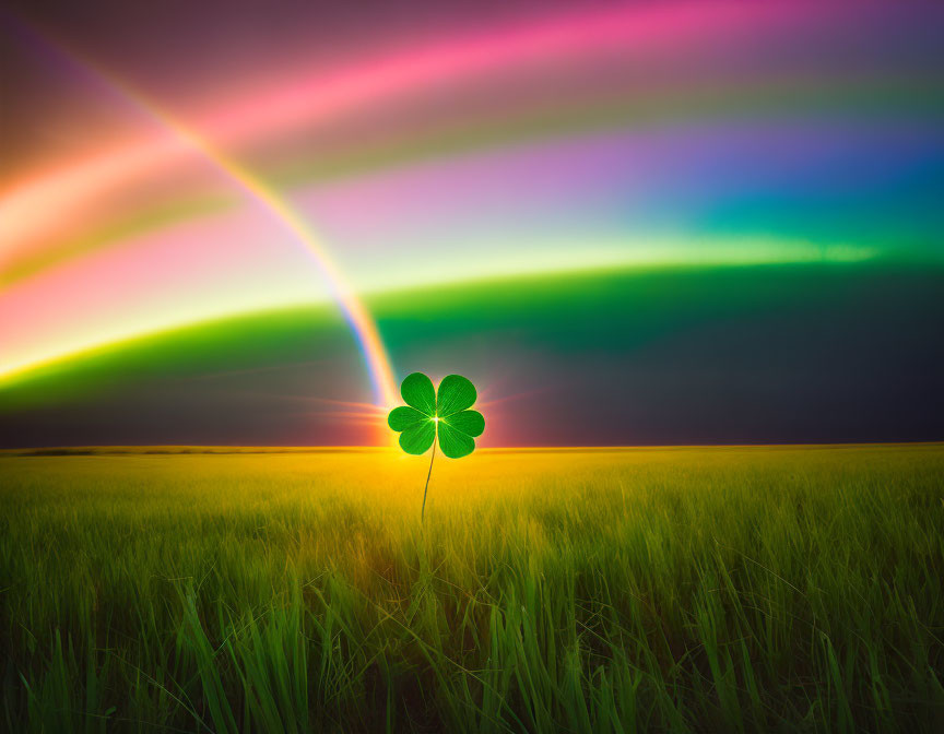 Colorful rainbow over four-leaf clover in green field with dramatic sky