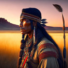 Indigenous man in traditional attire at sunset in golden field