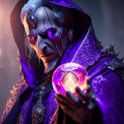 Aged sorcerer in purple cloak with magical orb in candlelight