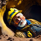 Elderly bearded miner in tunnel with yellow bird