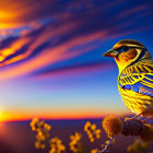 Colorful bird perched on branch against vibrant sunset sky