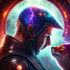 Cosmic armored figure facing cosmic-themed wolf in vibrant space setting