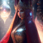 Regal woman in ornate crown and cloak gazes at glowing orb
