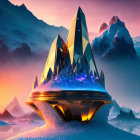 Futuristic crystal structure in snowy mountain landscape at sunset
